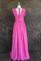 Plunging V-neck Ruffles Pleated Fuchsia Bridesmaid Dress With Silt