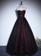 Pretty A-line Black and Red Lace Sweetheart Evening Dress, Black and Red Prom Dress