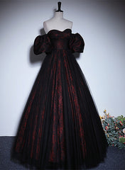 Pretty A-line Black and Red Lace Sweetheart Evening Dress, Black and Red Prom Dress