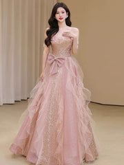 Pretty A Line Off The Shoulder Tulle Pink Floor Length Evening Dress Prom Dresses