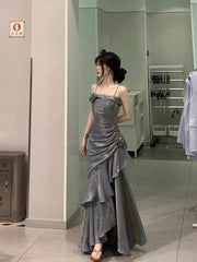 Pretty Sheath Straps Sleeveless Evening Dress Gray Long Ruffles Prom Dresses