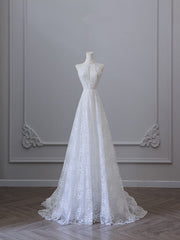 Princess A line High Neckline White Lace Long Wedding Dresses Brides Dress