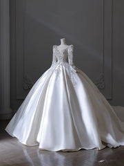 Princess Ball Gown Scoop Neckline Long Sleeves Pleats Beads White Satin Wedding Dresses