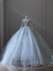 Princess Ball Gown Scoop Neckline Long Sleeves Sequin Light Sky Blue Long Wedding Dresses Brides Dress