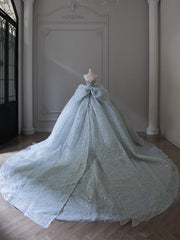 Princess Ball Gown Strapless Neckline Long Sequin Light Sky Blue Long Wedding Dresses Brides Dress