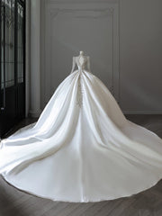 Princess Ball Gown V Neckline Long Sleeves Pleats Beads White Satin Wedding Dresses