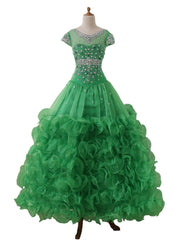 Princess Green Child Pageant Party Dress Beaded Cap Sleeve Kids Flower