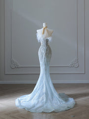 Princess Mermaid Strapless Neckline Long Sequin Light Sky Blue Long Wedding Dresses Brides Dress