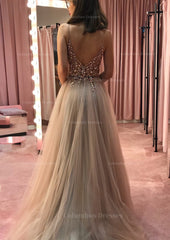 Bridesmaid Dresses Mismatching, Princess V Neck Court Train Tulle Prom Dress With Appliqued Beading