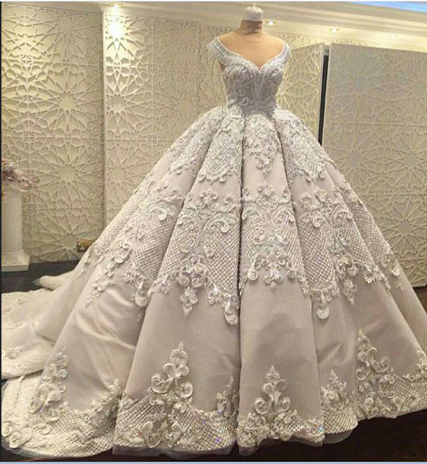 Wedding Dresses Mermaid, Gorgeous Sleeveless V Neck Lace Appliques Ball Gown Wedding Dresses