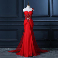 One Shoulder Prom Dress With Beaded Flowers, Unique Red Prom Gowns, Mermaid Chiffon Prom Dress With Cut-out