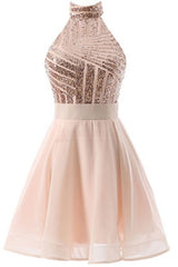 Bridesmaid Dresses Winter, Halter Sequins Backless Mini Short Prom Dresses