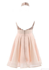 Bridesmaid Dresses Blush, Halter Sequins Backless Mini Short Prom Dresses