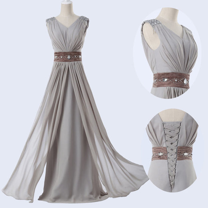 Formal Dresses Long Elegant Classy, Grey Chiffon Long V-Neck Long Prom Dresses