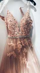 Bridesmaid Dress Idea, Lace Appliques Floor Length Tulle Prom Dresses