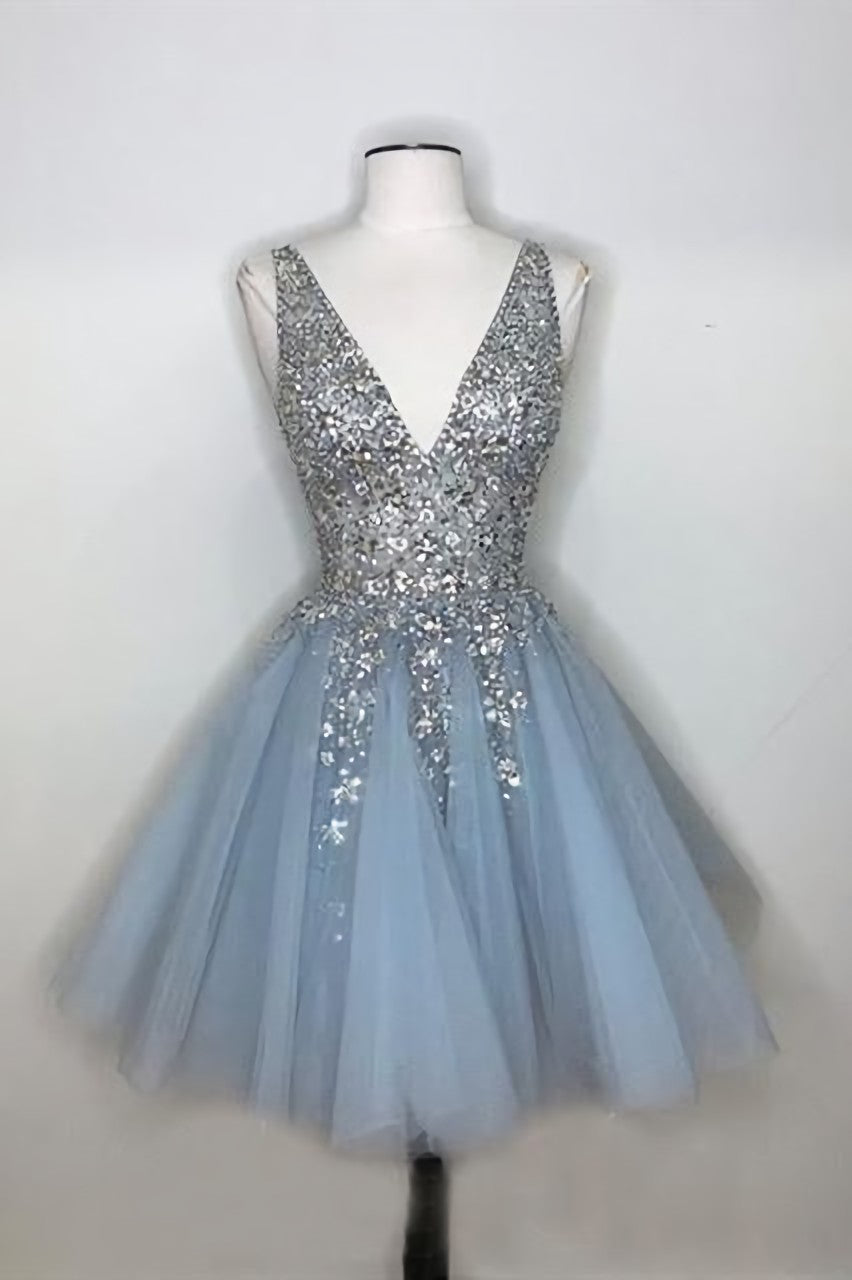 Party Dress Man, Sparkly A-line Deep V-neck Light Blue Short Homecoming Dresses