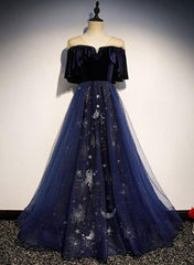 Homecoming Dress Shops Near Me, Blue Tulle With Velvet Long Party Dress, A Line Off Shoulder Formal Dress, Prom Dress