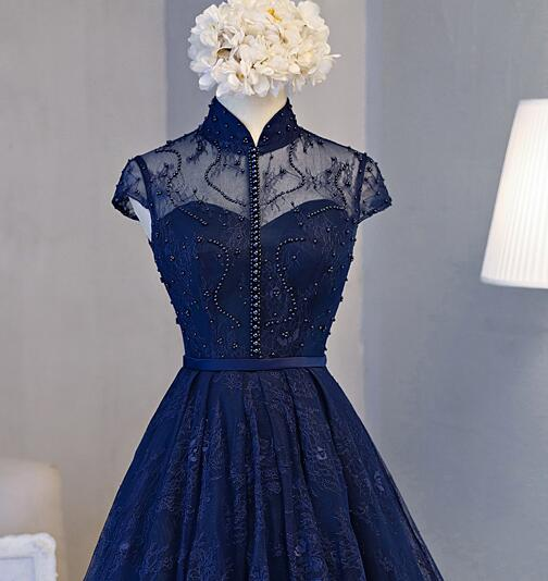 Homecoming Dress Green, Beautiful Navy Blue Knee Length Lace Party Dress, Homecoming Dress