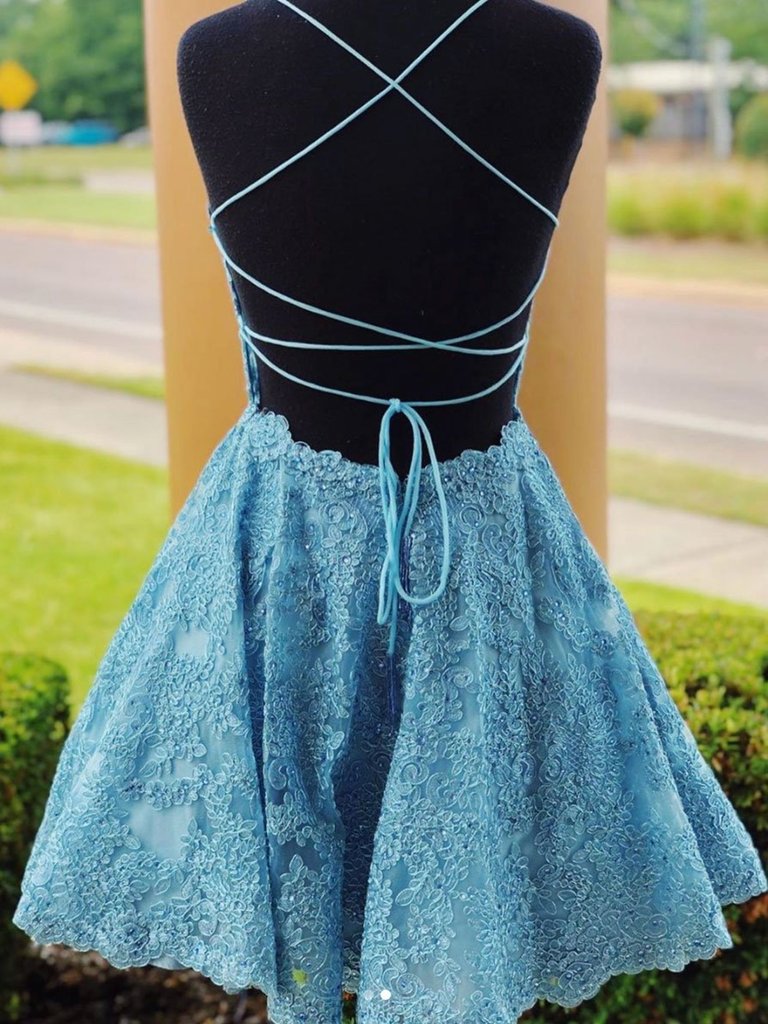 Homecoming Dress Vintage, A Line Backless Lace Blue Short Prom Dresses, Homecoming Dresses, Backless Blue Lace Formal Graduation Evening Dresses