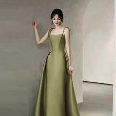 Simple A Line Straps Dark Green Satin Prom Dress