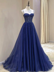 Spaghetti Straps Blue Tulle Beaded Long Formal Dress