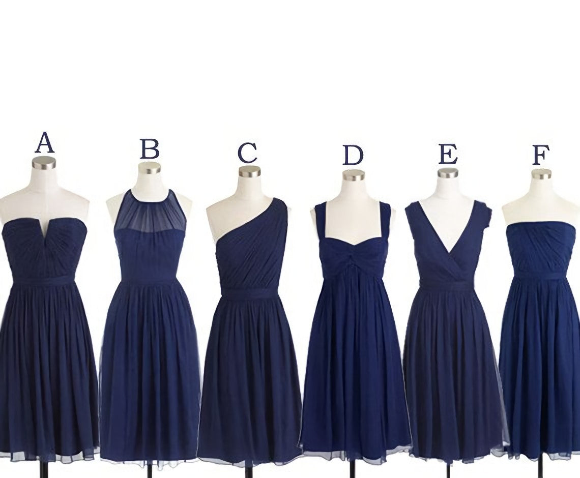 Bridesmaid Dress Designers, Short Navy Blue Chiffon Mismatch Maid Of Honor Girls Group In Knee Length Simple Cheap Prom Dresses