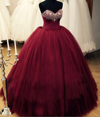 Party Dress Mini, Puffy Burgundy Qinceanera Beaded Top Corest Lace-Up Back Floor Length Princess Vestidos De Debutante Prom Dresses