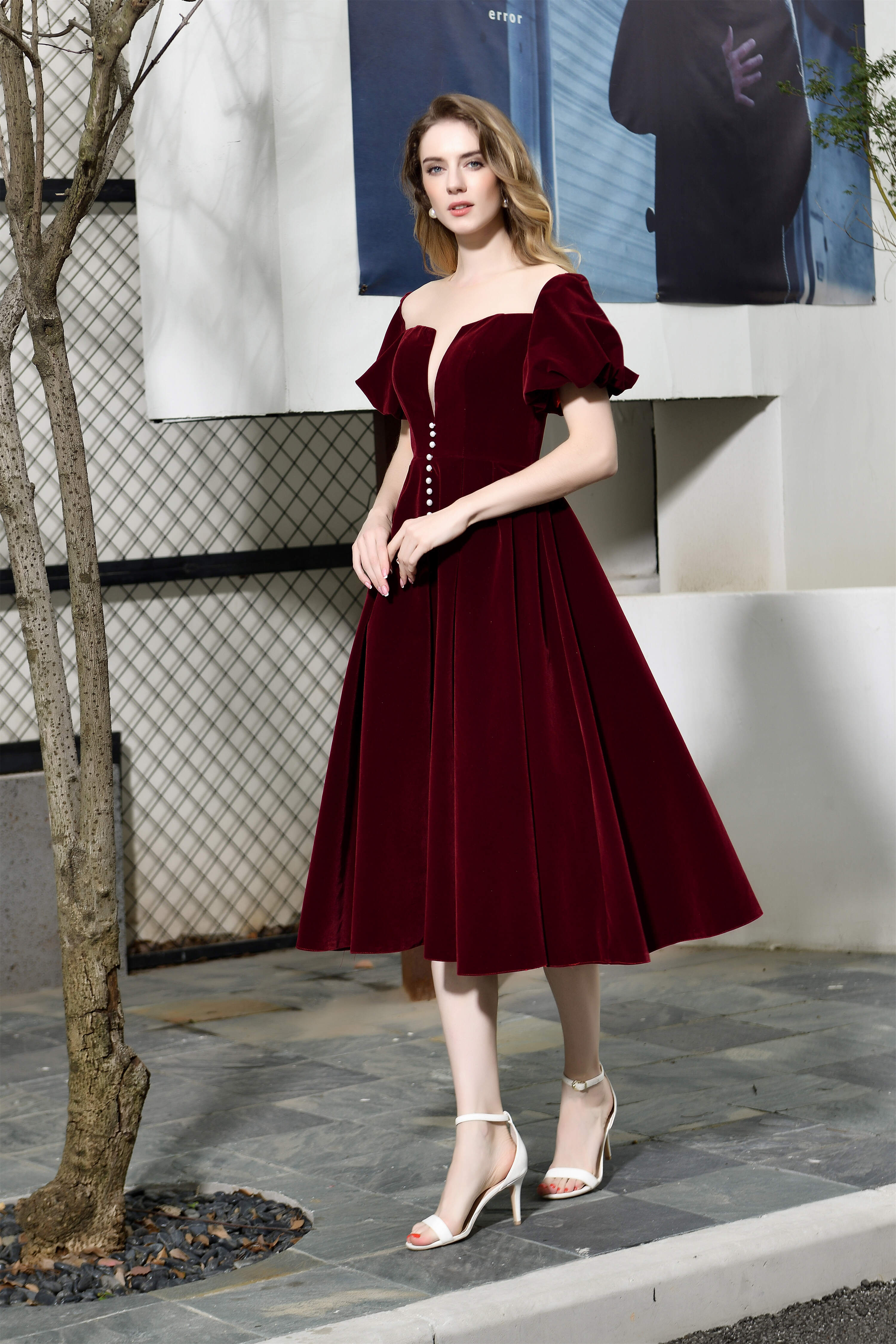 Bridesmaid Dress Stylee, Puff Sleeve Ankle Length Velvet Deep V-Neck Vintage Prom Dresses