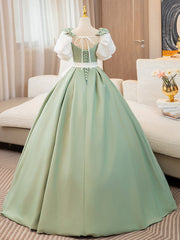 Puff  Sleeves A-line Satin Green/White Long Prom Dress, Green Long Formal Dress