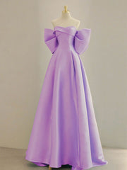 Purple A-Line Satin Long Prom Dresses, Purple Satin Evening Dresses