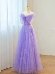 Purple A-line Sweetheart Tulle Long Formal Dress, Beaded Purple Prom Dress