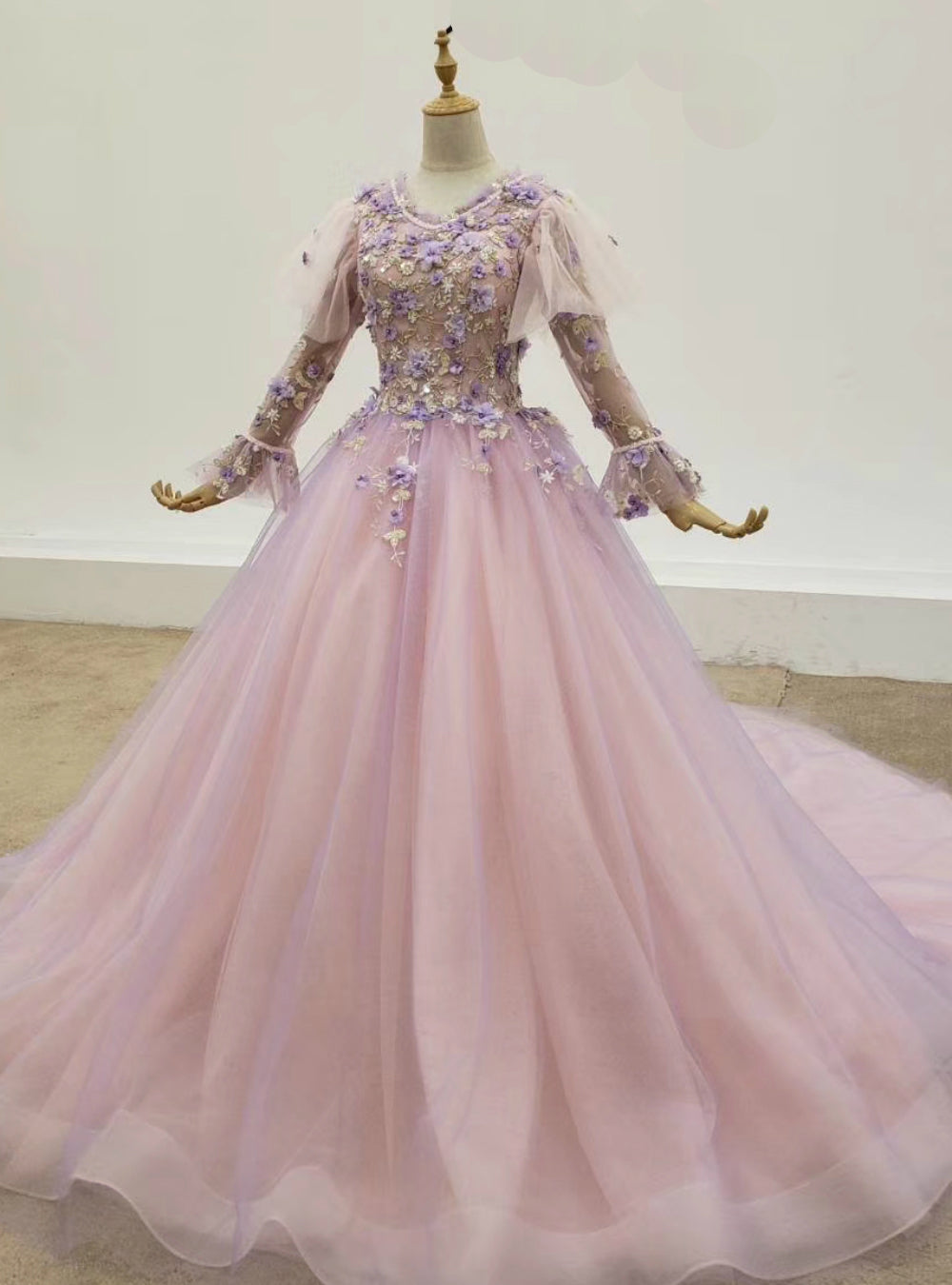 Purple Ball Gown Tulle 3D Flower Long Sleeve Wedding Dress