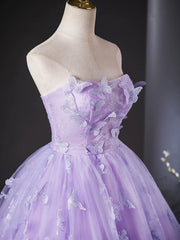 Purple Lace Strapless Floor Length Party Dress, Purple Lace Long Prom Dress