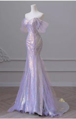 Purple Laser Sequin Beaded Mermaid Women Evening Dress with Puff Sleeves Tassel Pearls Tulle Train Prom Gown