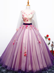 Purple Long V-neck Purple Tulle Appliques Quinceanera Dresses