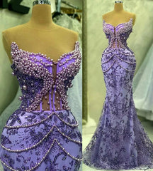 Purple Mermaid Evening Dress Beaded Formal Prom Gown