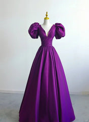 Purple Satin A-line Short Sleeves Long Formal Dress, Purple  Prom Dress