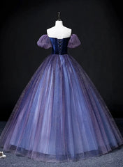 Purple Short Sleeves Tulle and Velvet Formal Dress, Purple Tulle Prom Dress