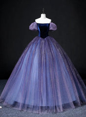 Purple Short Sleeves Tulle and Velvet Formal Dress, Purple Tulle Prom Dress