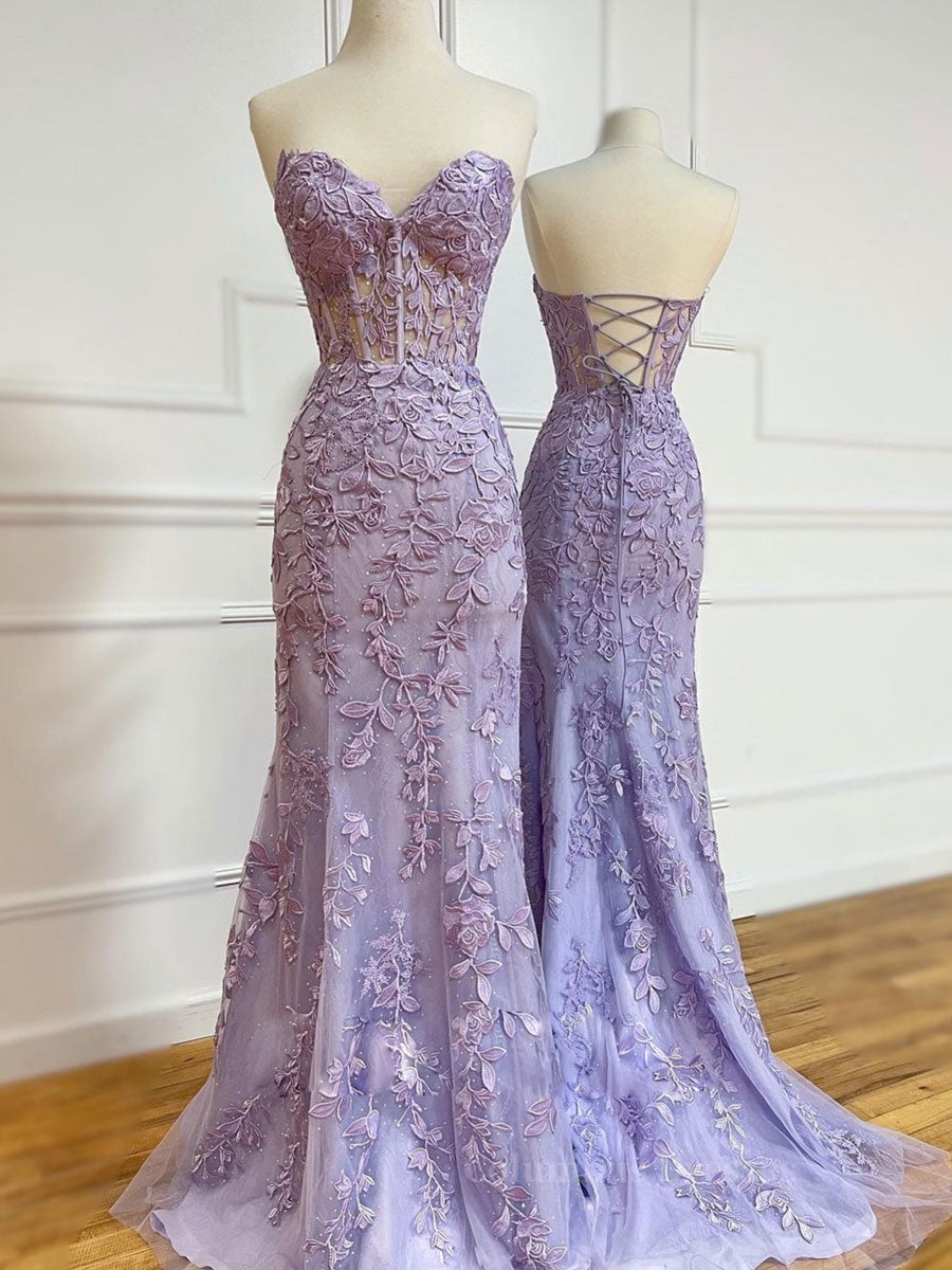 Party Dress Ball, Purple sweetheart neck tulle lace mermaid long prom dress