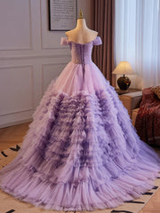 Purple Sweetheart Tulle Layers Sweet 16 Dress, Purple Tulle Long Prom Dress