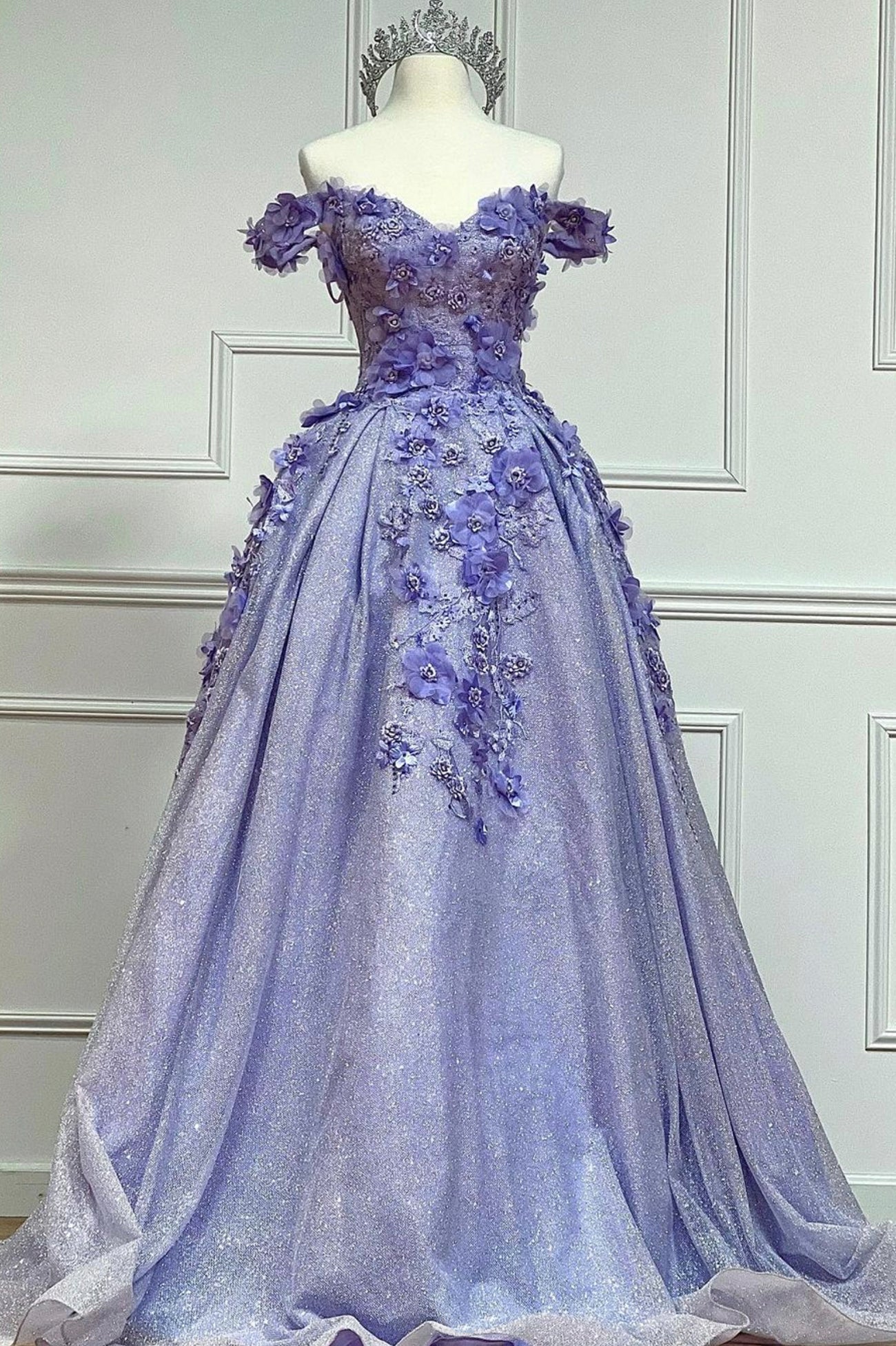 Prom Dress Brands, Purple Tulle Lace Floor Length Prom Dress, Off the Shoulder Evening Dress