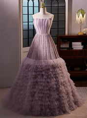 Purple Tulle Lace Strapless Beading Prom Dress