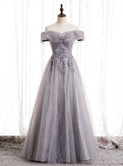 Purple Tulle Off the Shoulder Embrodiery Off the Shoulder Prom Dress