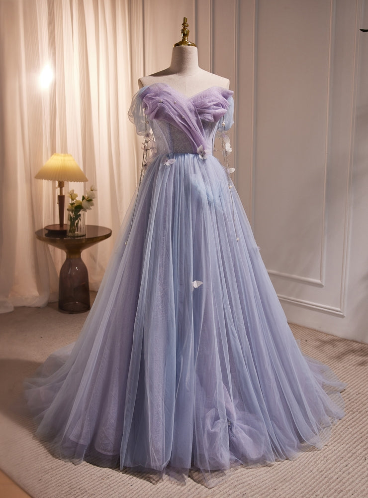 Purple Tulle Off the Shoulder Pearls Prom Dress