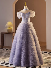 Purple Tulle Pearls Tiers Prom Dress