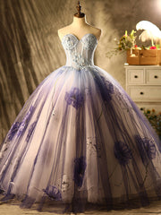 Purple Tulle Print Appliques Beading Quinceanera Dress