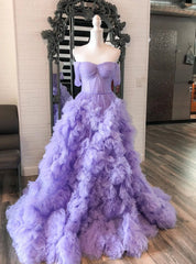 Purple Tulle Ruffles Off-the-Shoulder Prom Dress