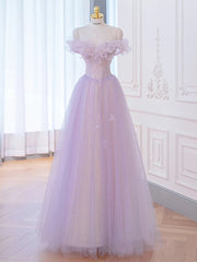 Purple Tulle Sequins Pearls Off the Shoulder Prom Dress