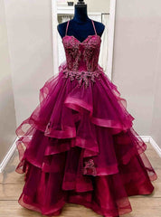 Purple Tulle Tulle Appliques Prom Dress